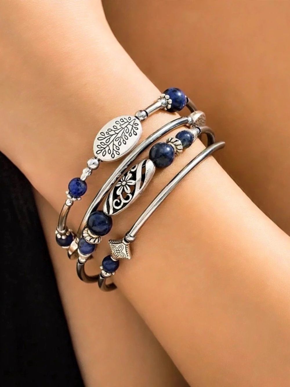 Boho Silver Blue Bead Wrap Bracelet